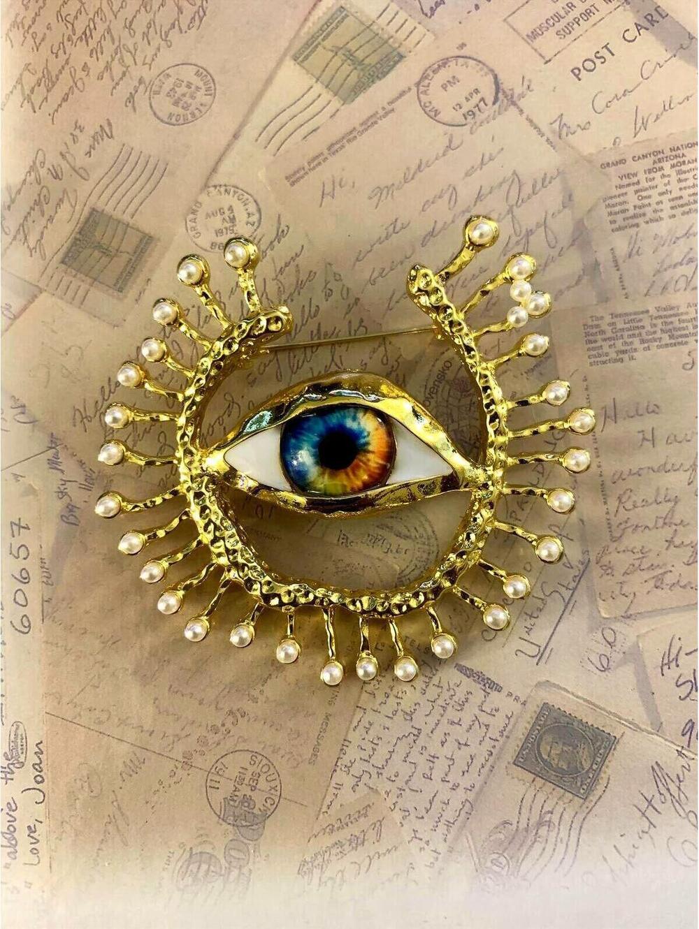 Golden Eye Brooch with Pearl Eyelashes - Bold & Quirky Jewelry